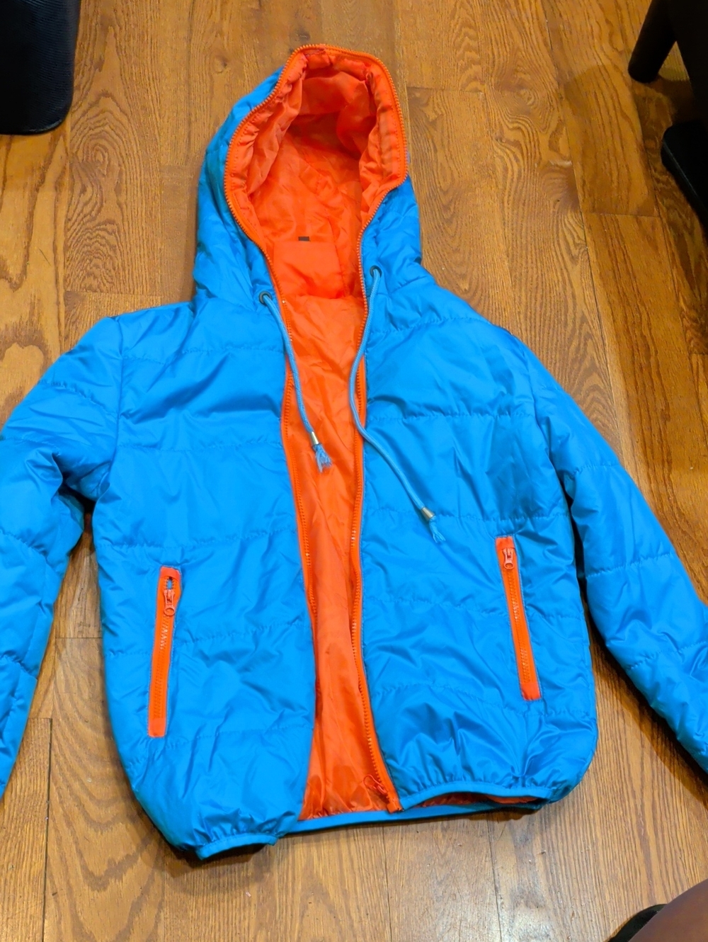 Kids Reversible Puffer Jacket - Blue with Orange Trim